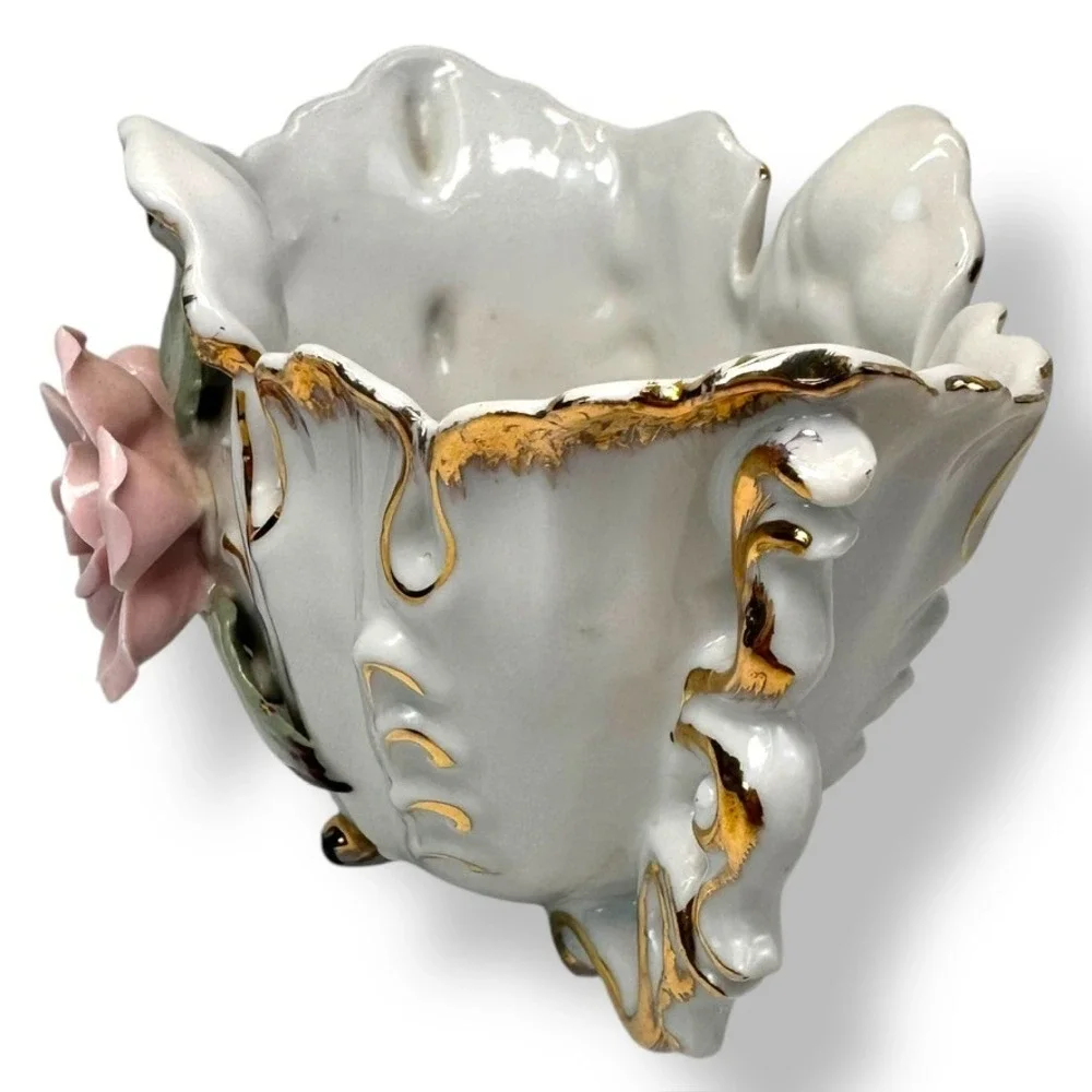 Vtg Ceramic Planter Trio Made in Japanese Rose Flower Gold Trim Decor
